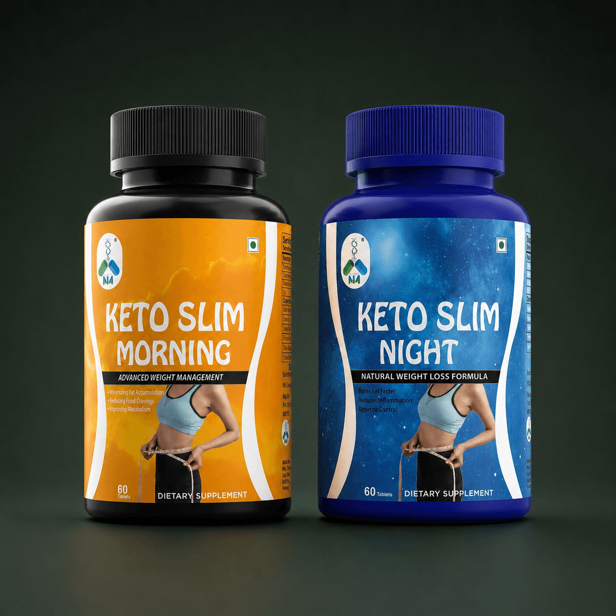 Both Keto Slim bottles at a three-quarter angle, showing the side panels