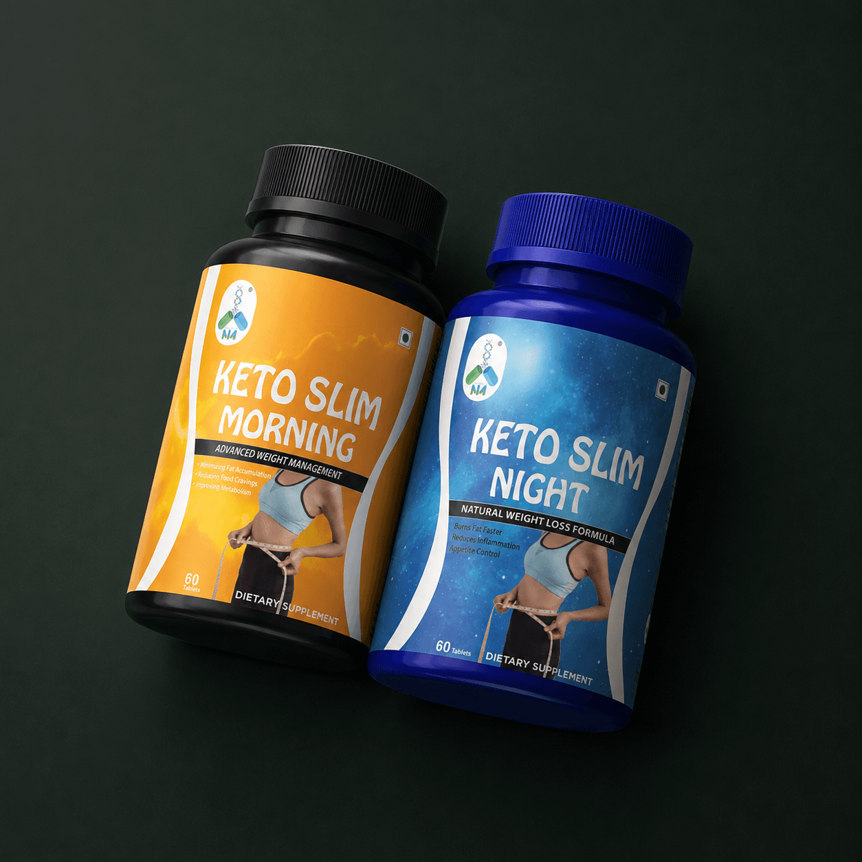 Both Keto Slim bottles laid flat, photographed from above
