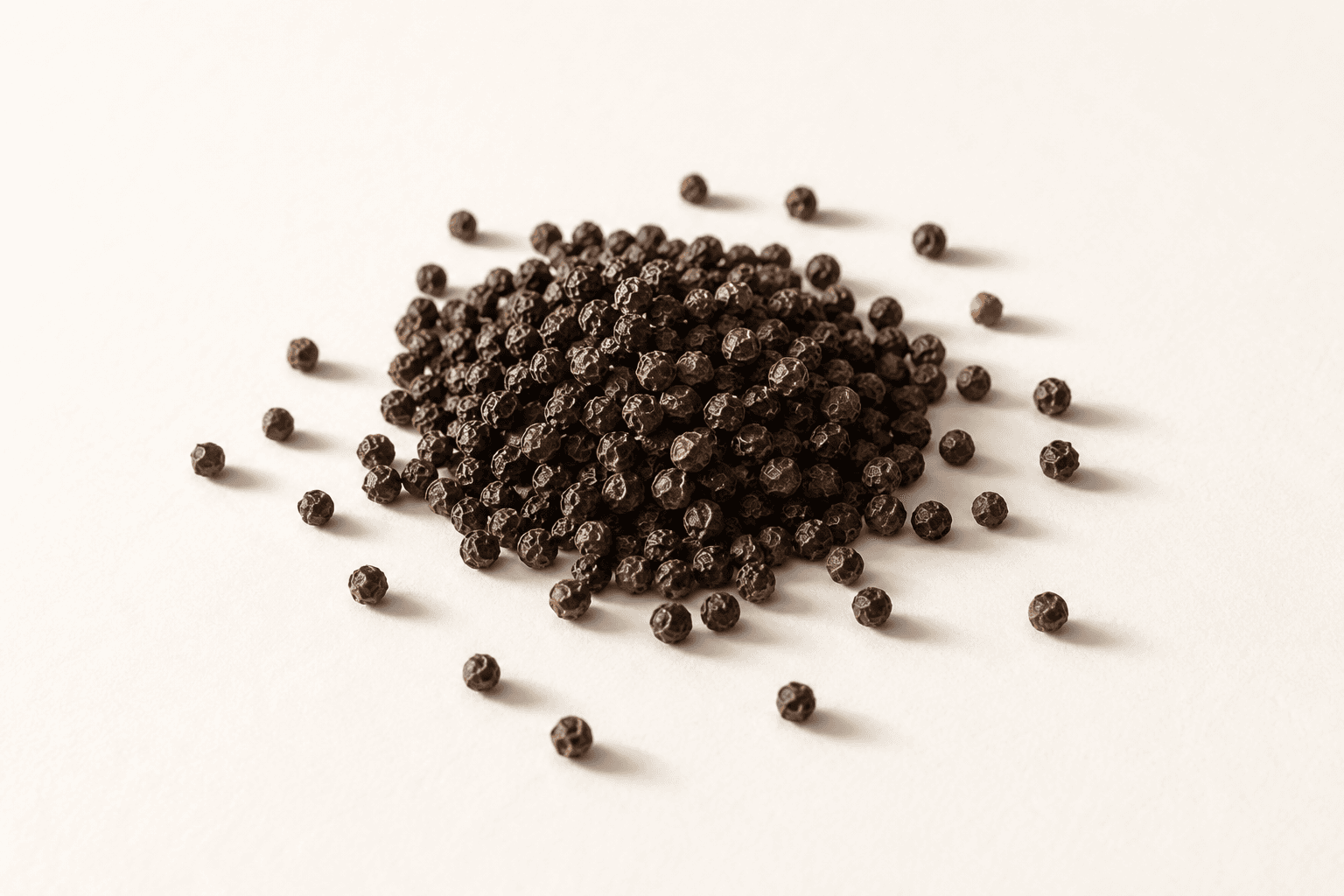A heap of whole black peppercorns with several scattered loose