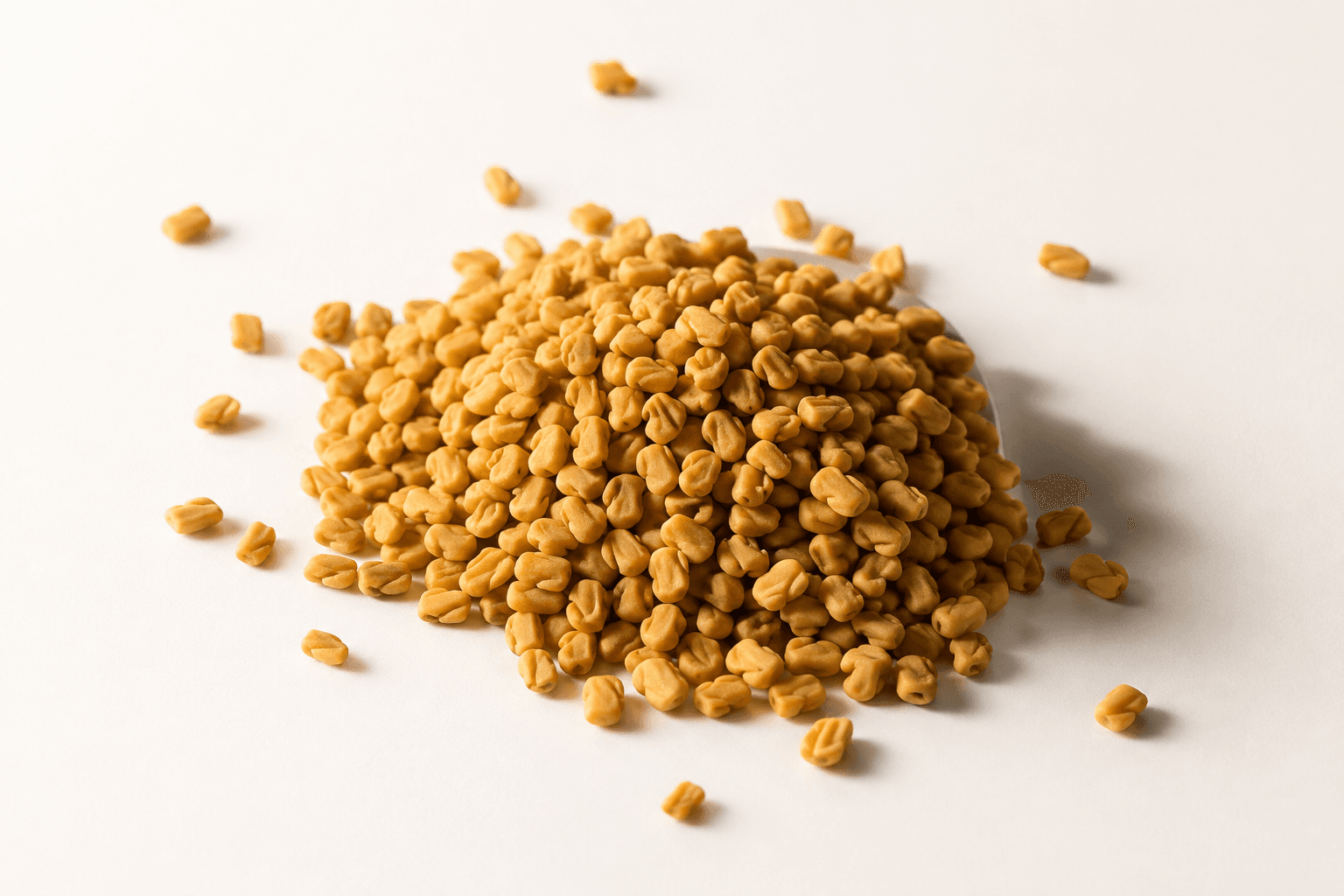 A small heap of golden fenugreek seeds with a few scattered loose