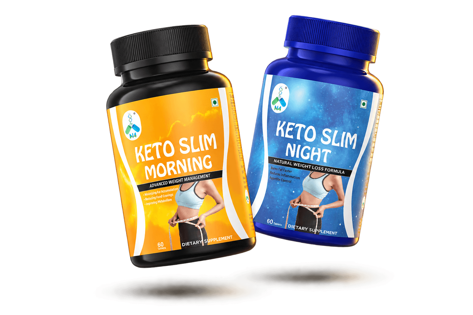 The Keto Slim Morning and Night bottles tilted towards each other