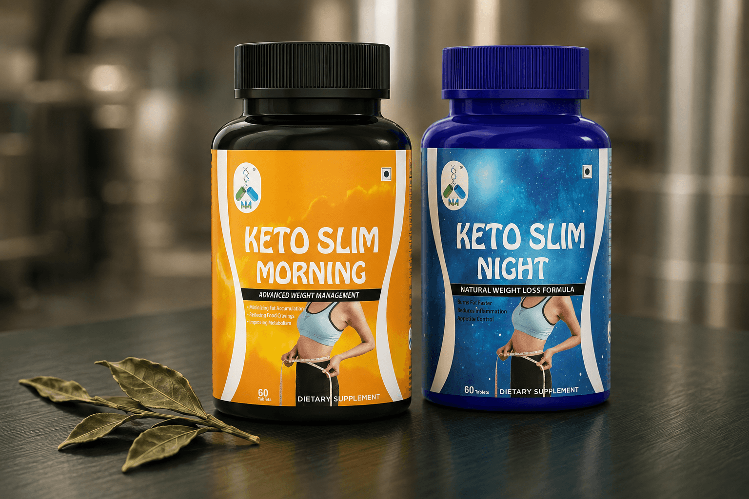 Both Keto Slim bottles on a dark work surface in a clean manufacturing environment, with a green tea sprig beside them