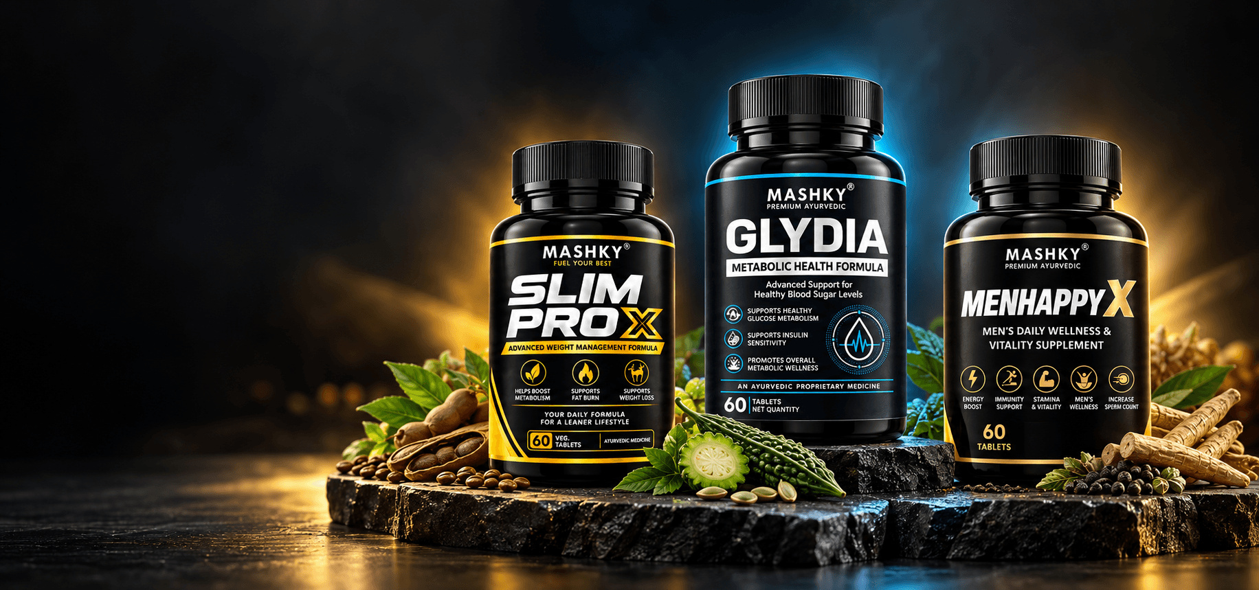 MASHKY Slim Pro X, Glydia and MenHappy X bottles together in a premium studio composition